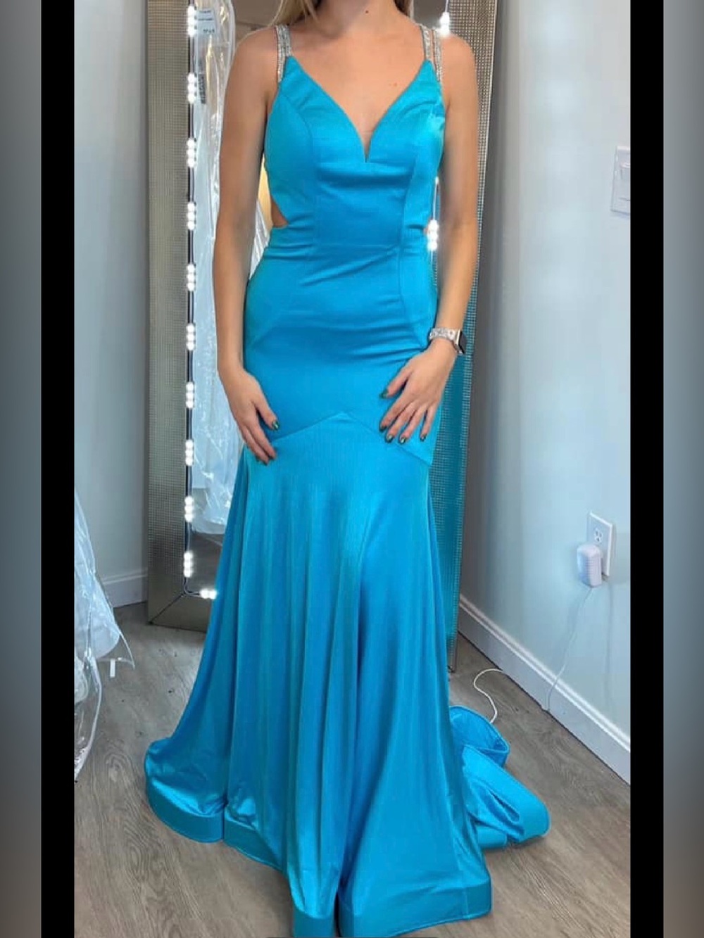 Rachel Allan Ocean Blue V-Neck Rhinestone-Strap Prom Gown